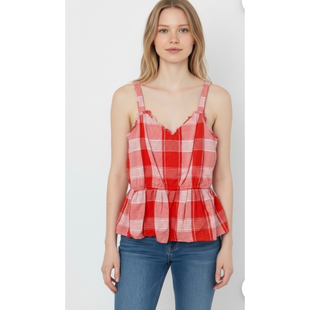 WAVERLY GREY | Queen Plaid Gingham Peplum Tank Top Ruffle Trim Sz. Large